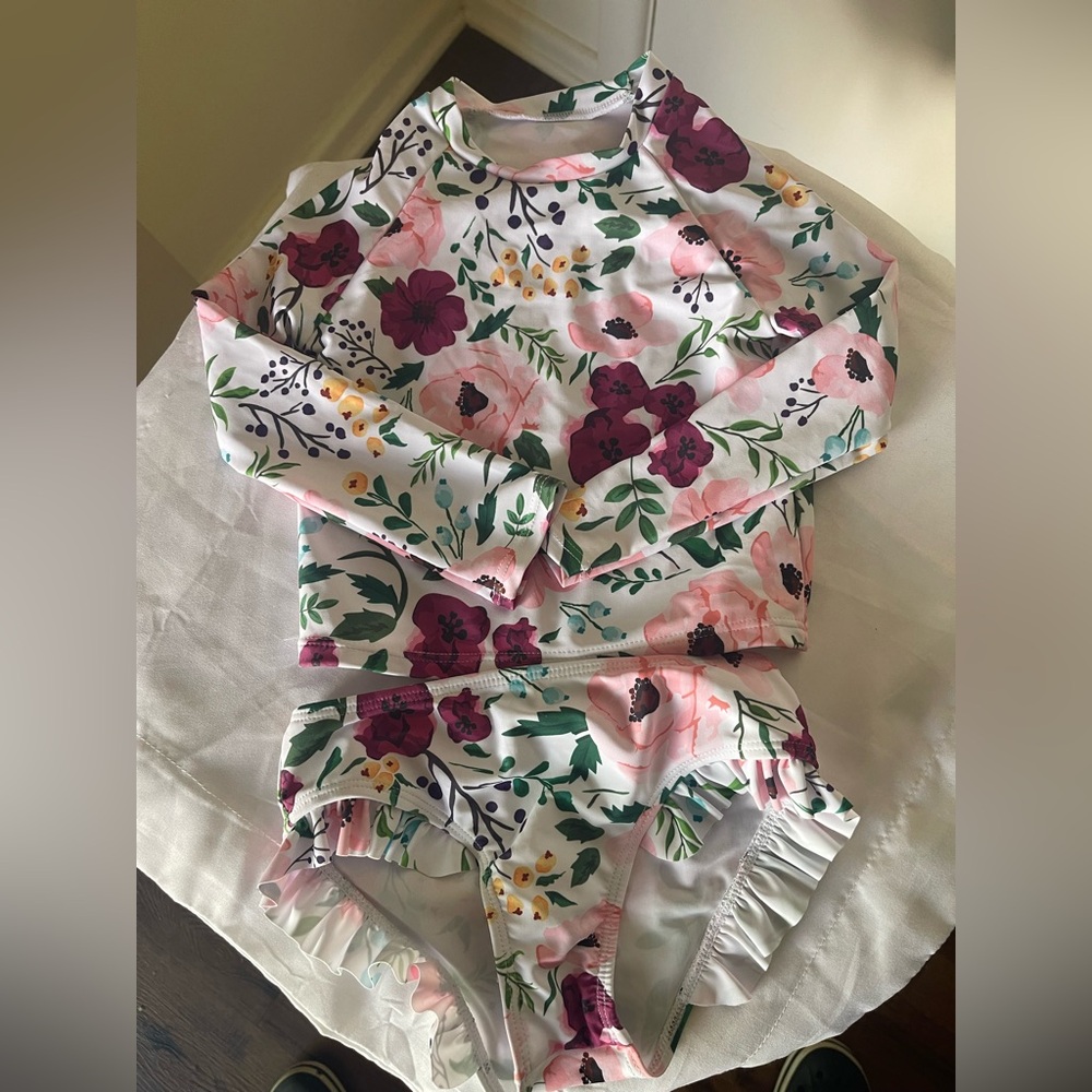 NWOT Girls Floral Rash Guard Two-Piece Swim Set - Pink & Green